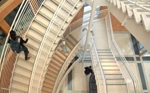 A student makes her way upstairs in the Engineering building on Centennial Campus.