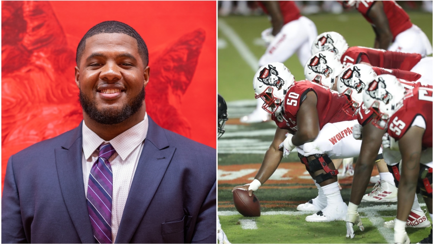 Headshot of Grant Gibson in a suit and a shot of Gibson playing football.